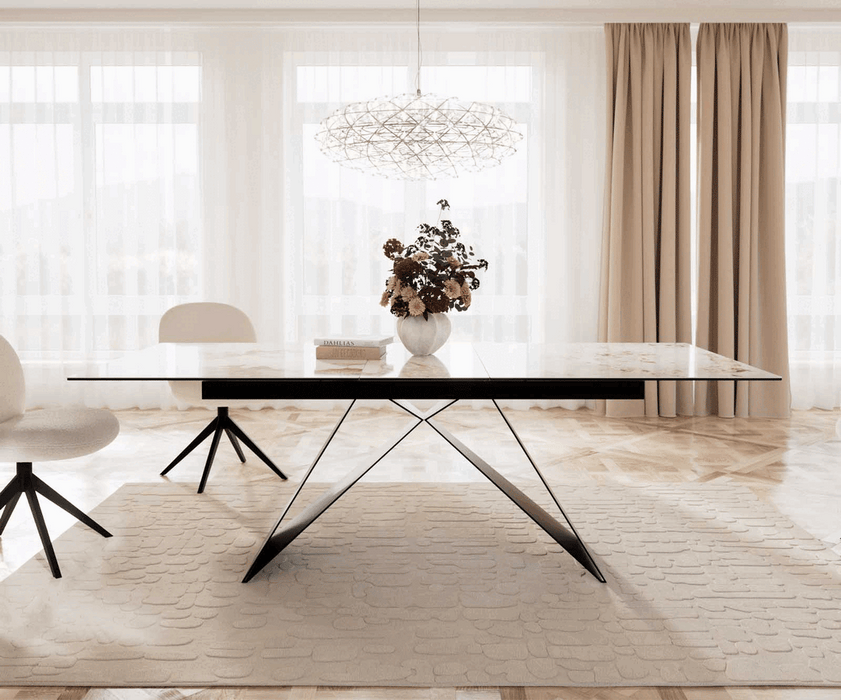 Extendable Dining Table Aurora 180-220x100cm Ceramic Minas Melange Beige V-Frame Black