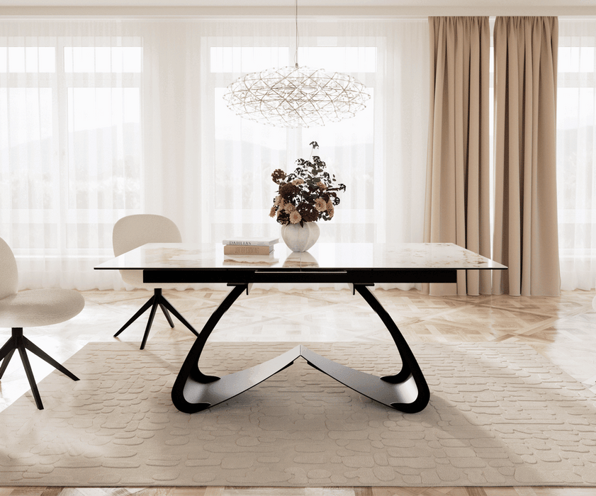 Extendable Dining Table Aurora 180-220cm Ceramic Minas Melange Beige W-Frame Black