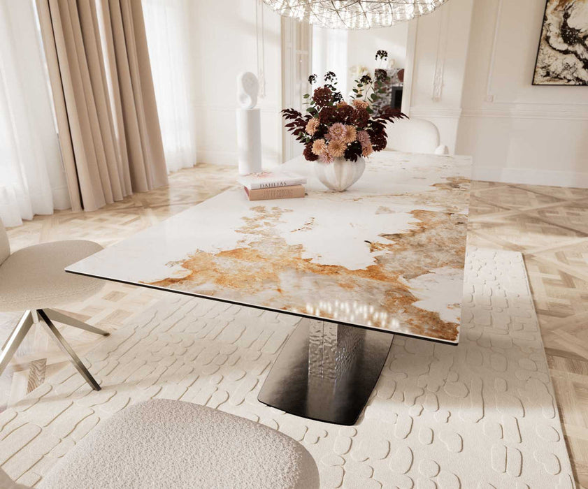 Extendable Dining Table Aurora 180-220x100cm Ceramic Minas Melange Beige Central Frame Silver
