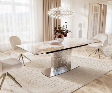 Extendable Dining Table Aurora 180-220x100cm Ceramic Minas Melange Beige Central Frame Silver