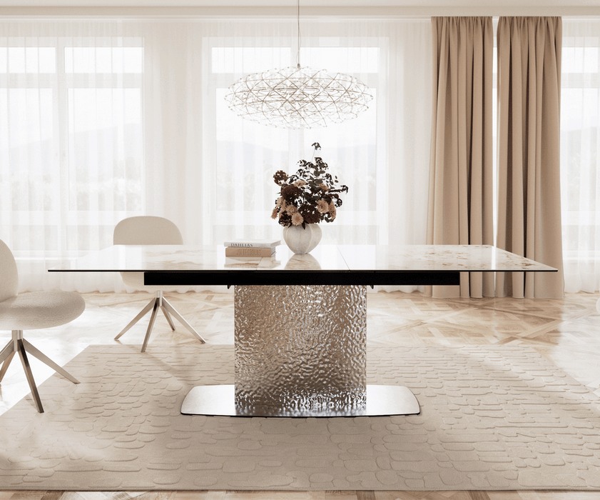 Extendable Dining Table Aurora 180-220x100cm Ceramic Minas Melange Beige Central Frame Silver