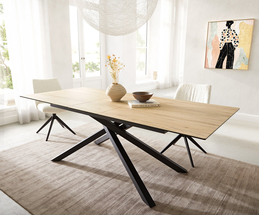 Extendable Dining Table Aurora 180-220cm Ceramic Sabbia Oak Look Cross Frame Black