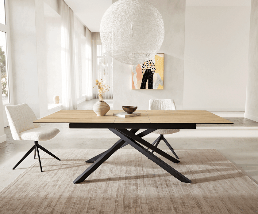 Extendable Dining Table Aurora 180-220cm Ceramic Sabbia Oak Look Cross Frame Black
