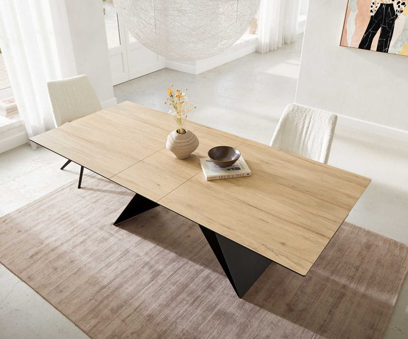 Extendable Dining Table Aurora 180-220x100cm Ceramic Sabbia Oak-Look V-Frame Black