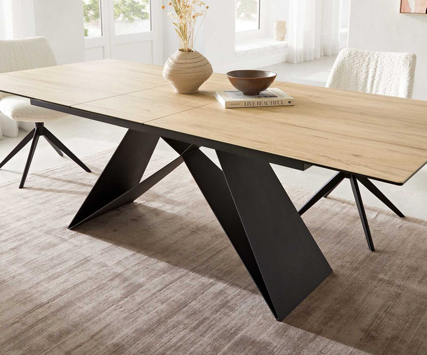 Extendable Dining Table Aurora 180-220x100cm Ceramic Sabbia Oak-Look V-Frame Black