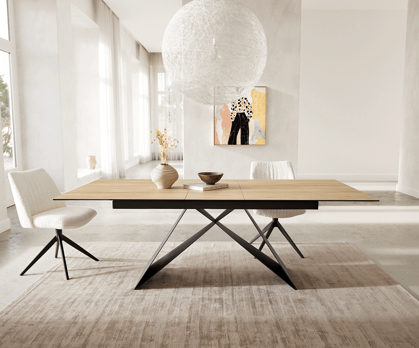 Extendable Dining Table Aurora 180-220x100cm Ceramic Sabbia Oak-Look V-Frame Black