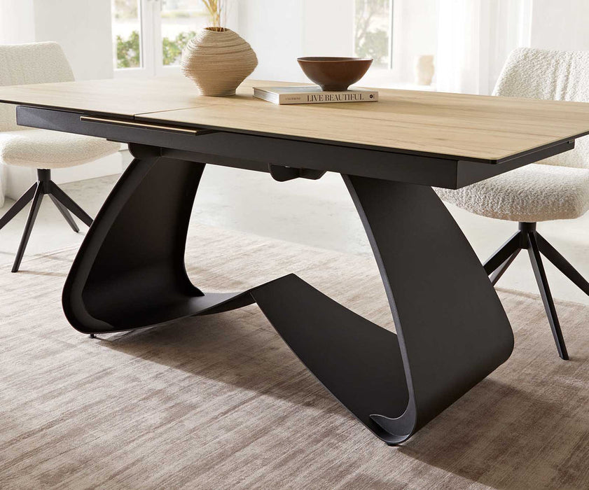 Extendable Dining Table Aurora 180-220x100cm Ceramic Sabbia Oak-Look W-Frame Black