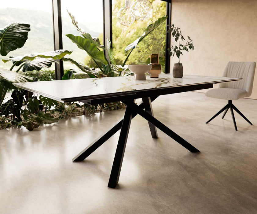 Extendable Dining Table Aurora 200-300x100cm Ceramic Calacatta Luxe Gold Cross Frame Black
