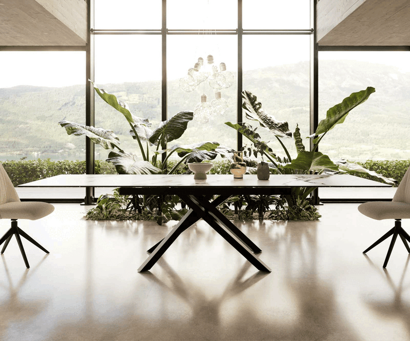 Extendable Dining Table Aurora 200-300x100cm Ceramic Calacatta Luxe Gold Cross Frame Black