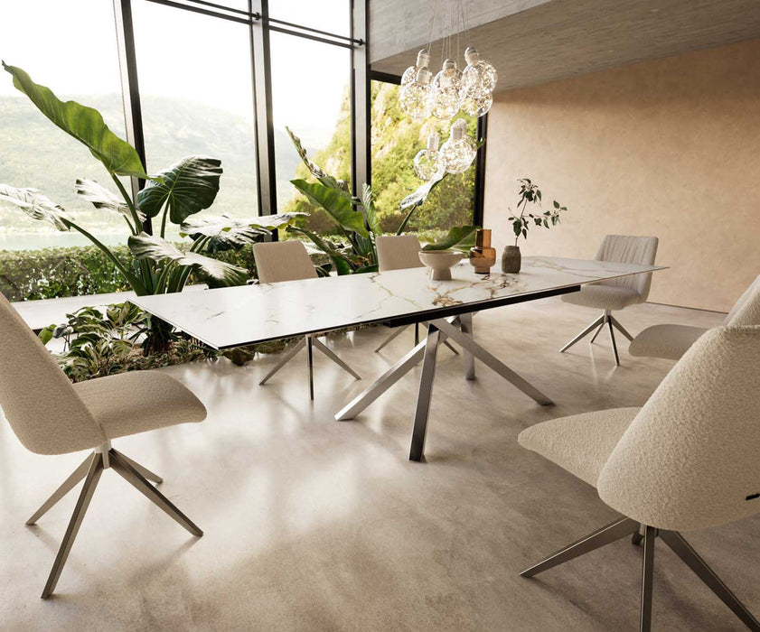 Extendable Dining Table Aurora 200-300x100cm Ceramic Calacatta Luxe Gold Cross Frame Silver