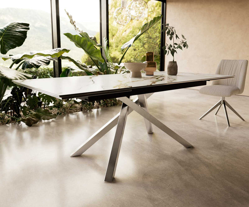 Extendable Dining Table Aurora 200-300x100cm Ceramic Calacatta Luxe Gold Cross Frame Silver