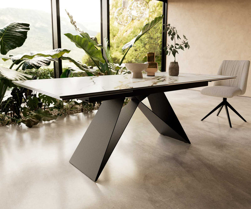 Extendable Dining Table Aurora 200-300x100cm Ceramic Calacatta Luxe Gold V-Frame Black