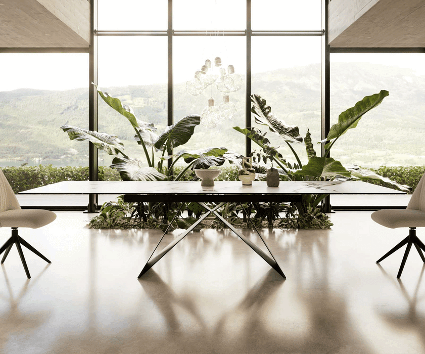 Extendable Dining Table Aurora 200-300x100cm Ceramic Calacatta Luxe Gold V-Frame Black