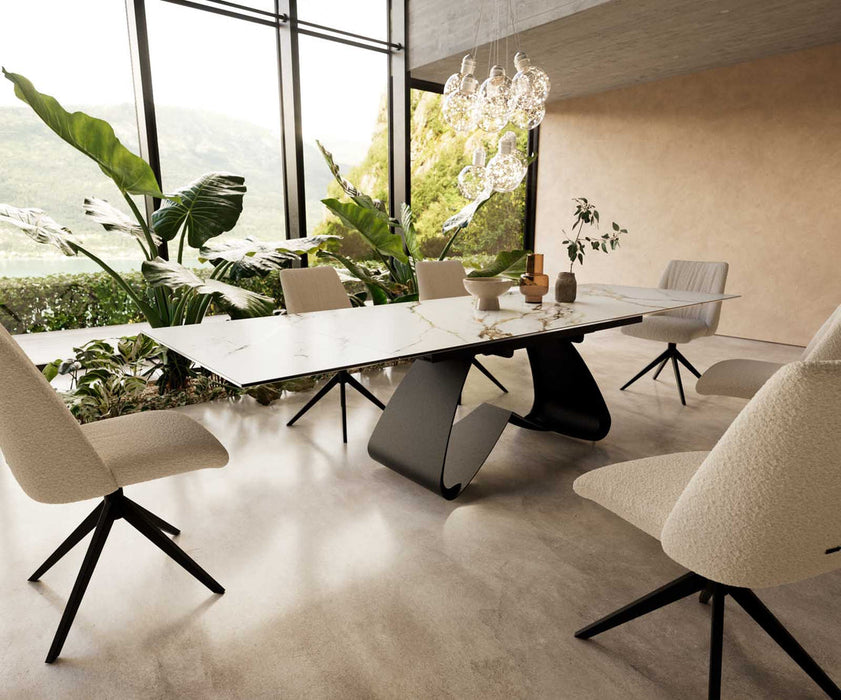Extendable Dining Table Aurora 200-300x100cm Ceramic Calacatta Luxe Gold W-Frame Black