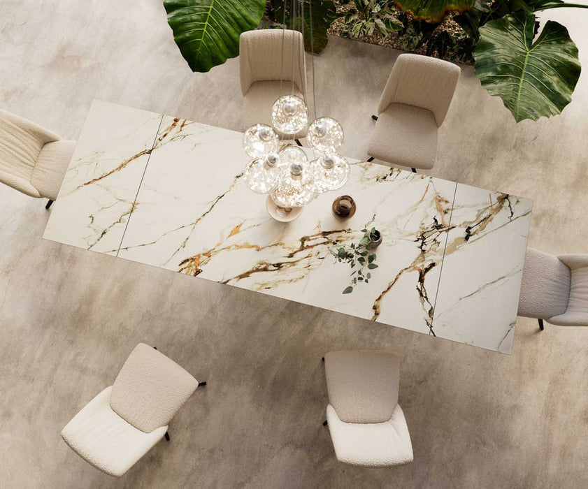 Extendable Dining Table Aurora 200-300x100cm Ceramic Calacatta Luxe Gold W-Frame Black