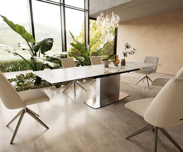 Extendable Dining Table Aurora 200-300x100cm Ceramic Calacatta Luxe Gold Central Frame Silver
