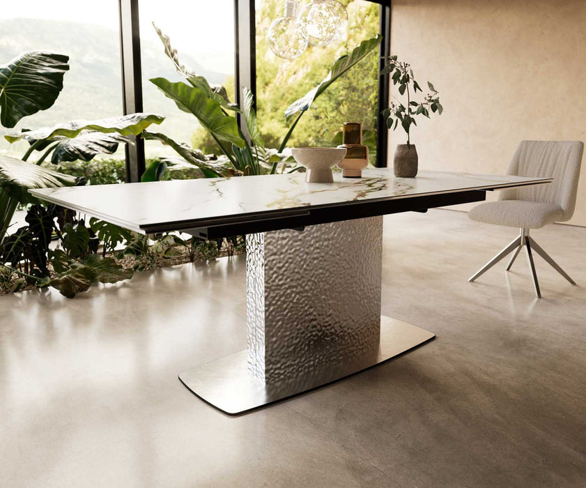 Extendable Dining Table Aurora 200-300x100cm Ceramic Calacatta Luxe Gold Central Frame Silver