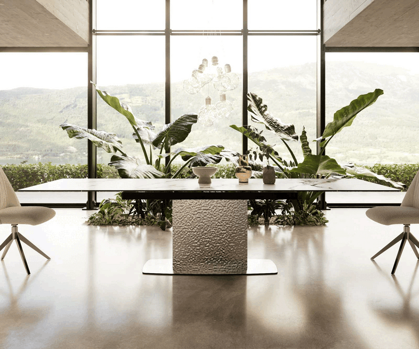 Extendable Dining Table Aurora 200-300x100cm Ceramic Calacatta Luxe Gold Central Frame Silver