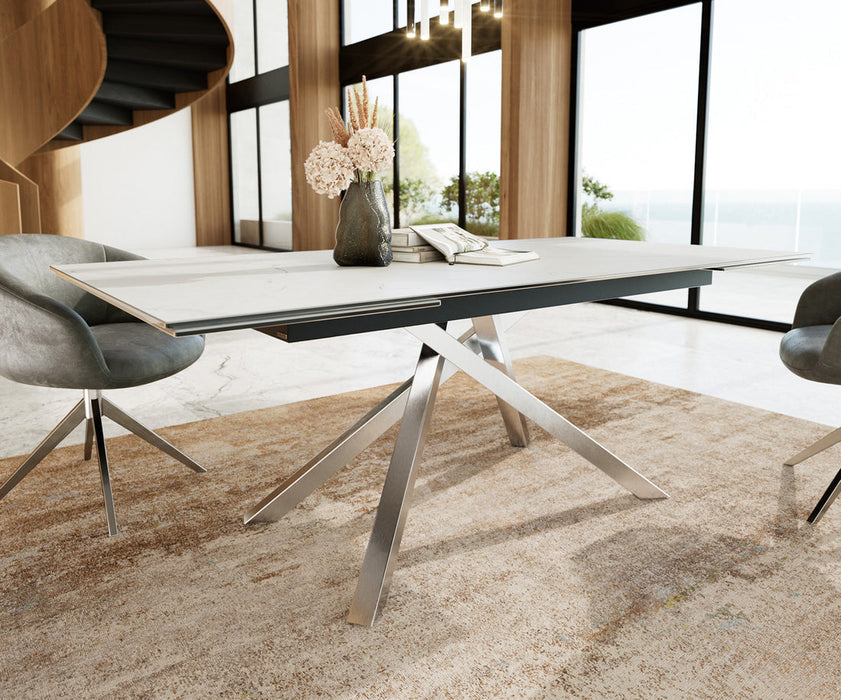 Extendable Dining Table Aurora 200-300cm Ceramic Statuarietto White Cross Frame Steel