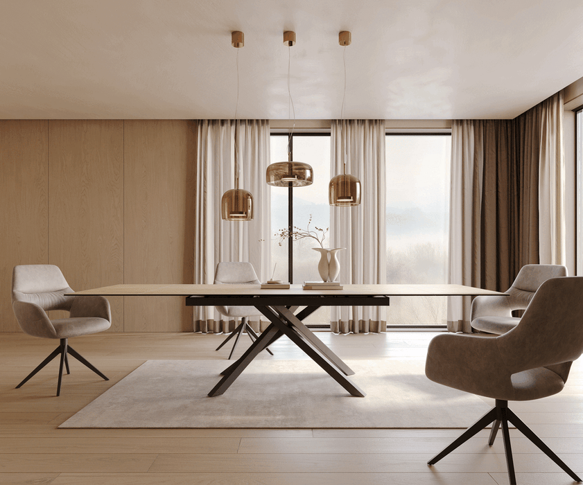 Extendable Dining Table Aurora 200-300cm Ceramic Sabbia Oak Look Cross Frame Black