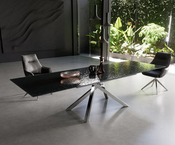 Extendable Dining Table Aurora 200-300cm Glass Relief Cross Frame Steel