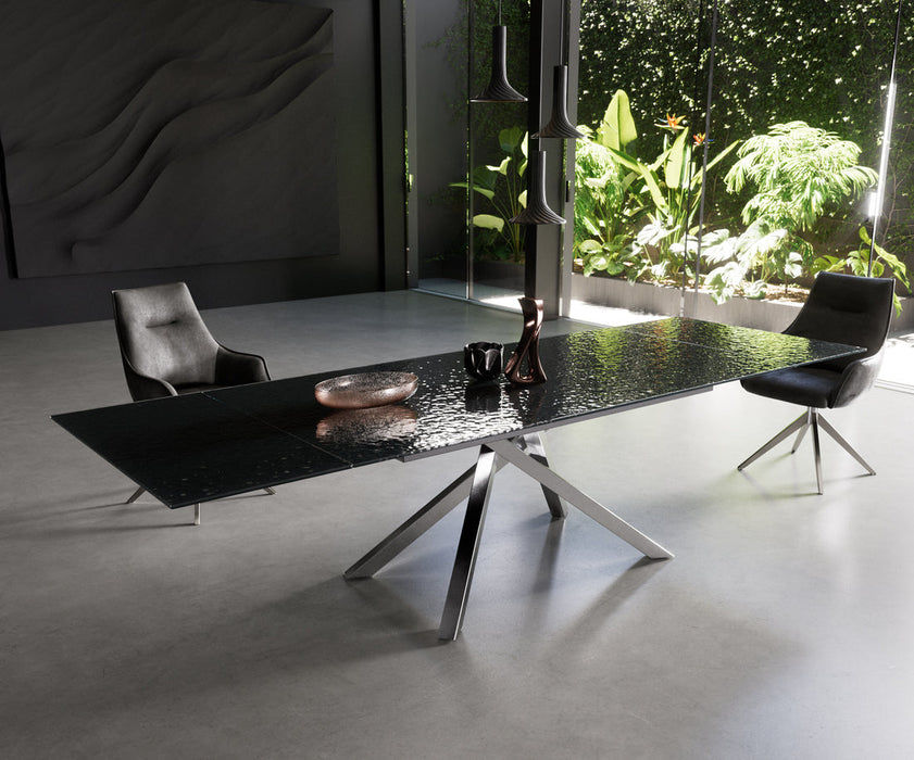Extendable Dining Table Aurora 200-300cm Glass Relief Cross Frame Steel