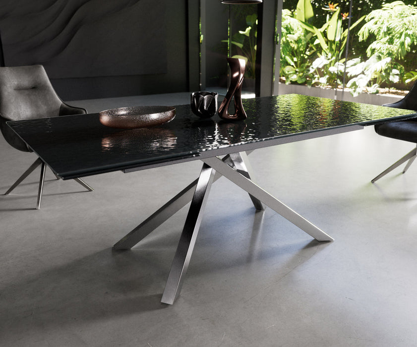 Extendable Dining Table Aurora 200-300cm Glass Relief Cross Frame Steel
