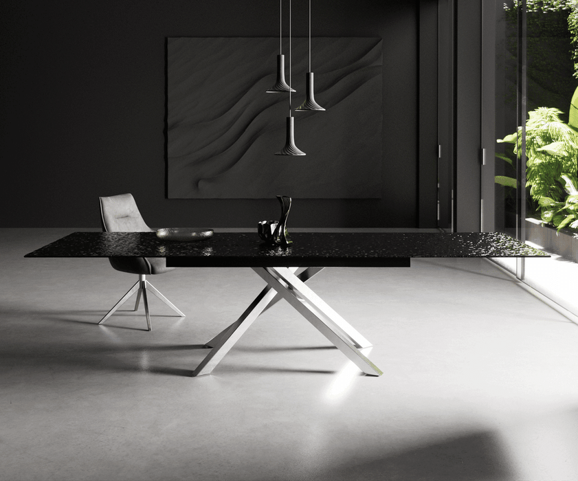 Extendable Dining Table Aurora 200-300cm Glass Relief Cross Frame Steel
