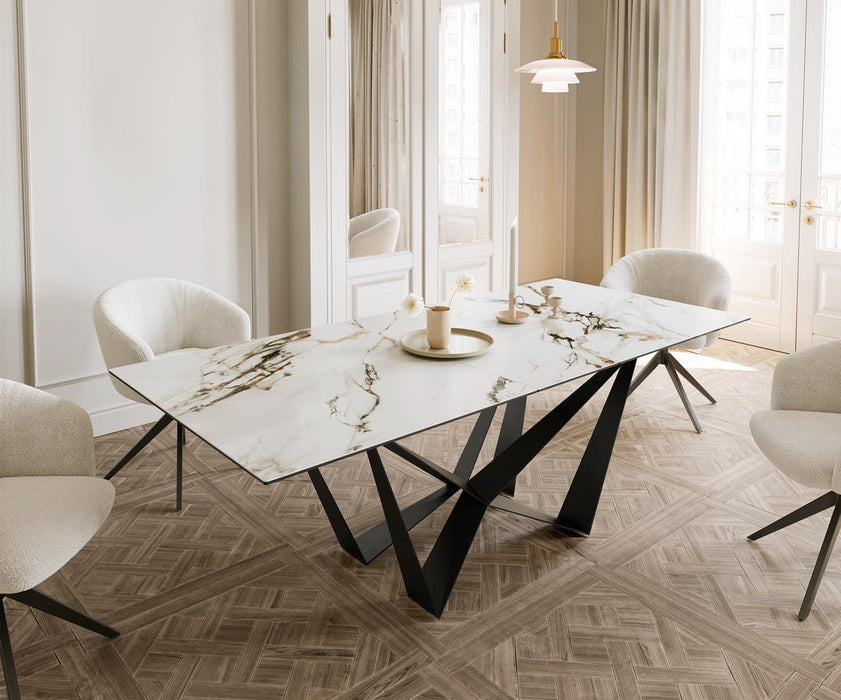 Extendable Dining Table Aurora 180-220x100cm Ceramic Calacatta Luxe Gold Spider Frame Black