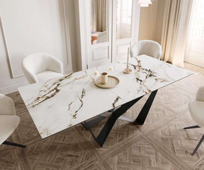 Extendable Dining Table Aurora 180-220x100cm Ceramic Calacatta Luxe Gold Spider Frame Black