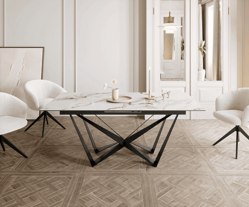 Extendable Dining Table Aurora 180-220x100cm Ceramic Calacatta Luxe Gold Spider Frame Black