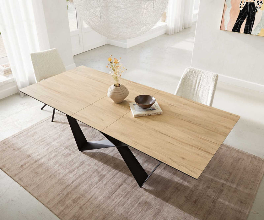 Extendable Dining Table Aurora 180-220x100cm Ceramic Sabbia Oak-Look Spider Frame Black
