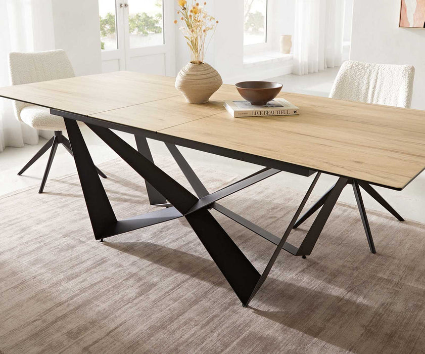 Extendable Dining Table Aurora 180-220x100cm Ceramic Sabbia Oak-Look Spider Frame Black