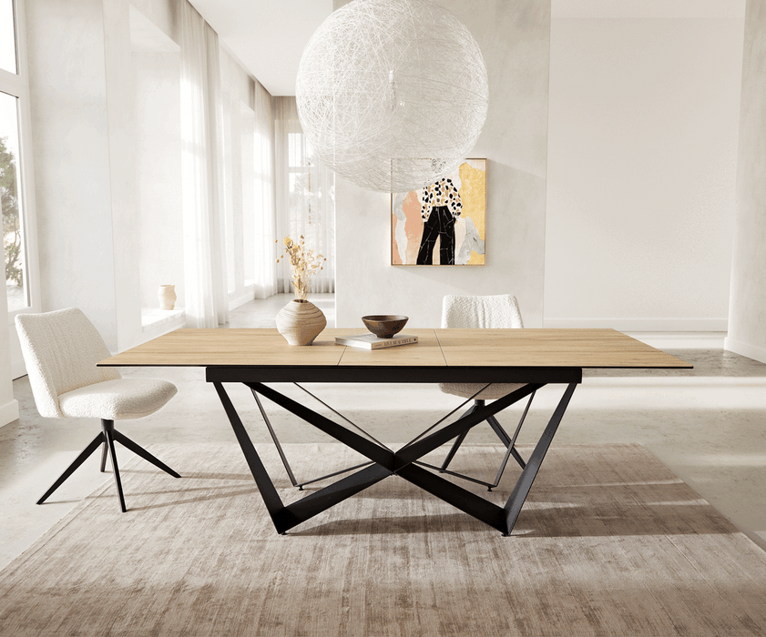 Extendable Dining Table Aurora 180-220x100cm Ceramic Sabbia Oak-Look Spider Frame Black