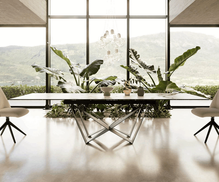 Extendable Dining Table Aurora 200-300x100cm Ceramic Calacatta Luxe Gold Spider Frame Black