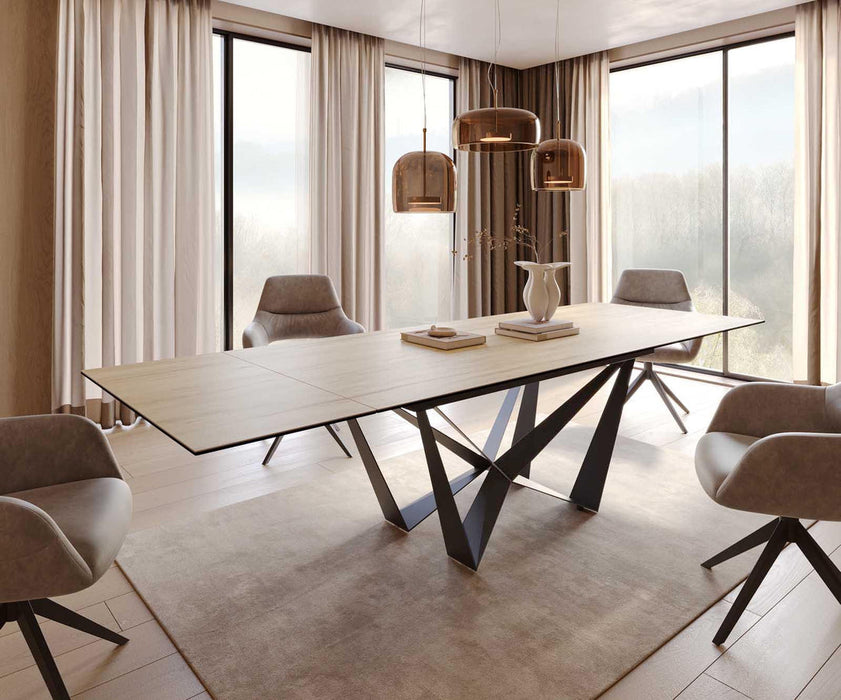 Extendable Dining Table Aurora 200-300x100cm Ceramic Sabbia Oak-Look Spider Frame Black