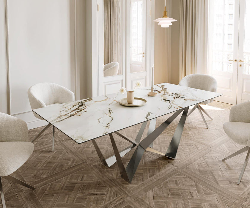 Extendable Dining Table Aurora 180-220x100cm Ceramic Calacatta Luxe Gold Spider Frame Silver