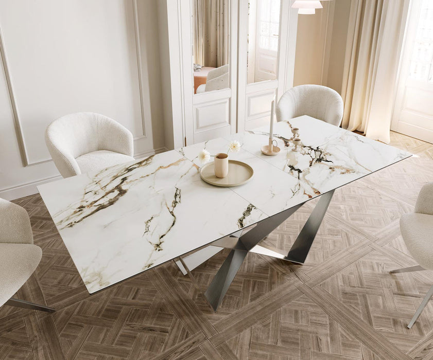 Extendable Dining Table Aurora 180-220x100cm Ceramic Calacatta Luxe Gold Spider Frame Silver