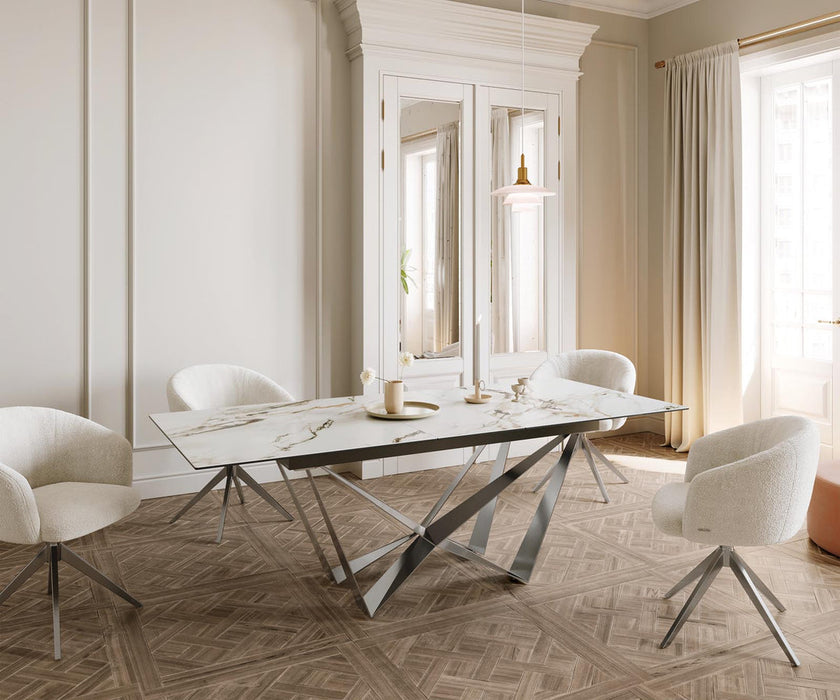 Extendable Dining Table Aurora 180-220x100cm Ceramic Calacatta Luxe Gold Spider Frame Silver