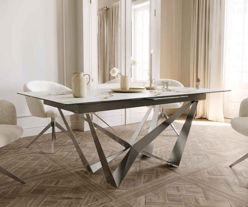 Extendable Dining Table Aurora 180-220x100cm Ceramic Calacatta Luxe Gold Spider Frame Silver