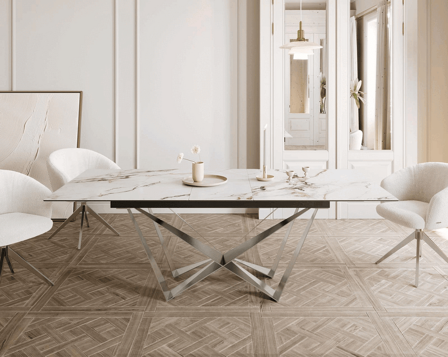 Extendable Dining Table Aurora 180-220x100cm Ceramic Calacatta Luxe Gold Spider Frame Silver