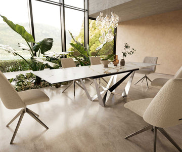 Extendable Dining Table Aurora 200-300x100cm Ceramic Calacatta Luxe Gold Spider Frame Silver