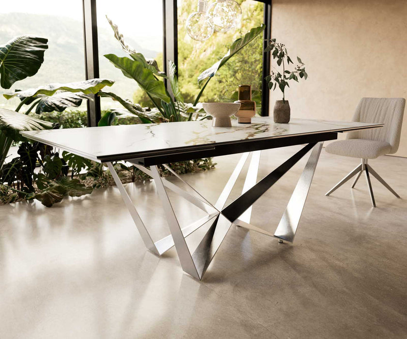 Extendable Dining Table Aurora 200-300x100cm Ceramic Calacatta Luxe Gold Spider Frame Silver