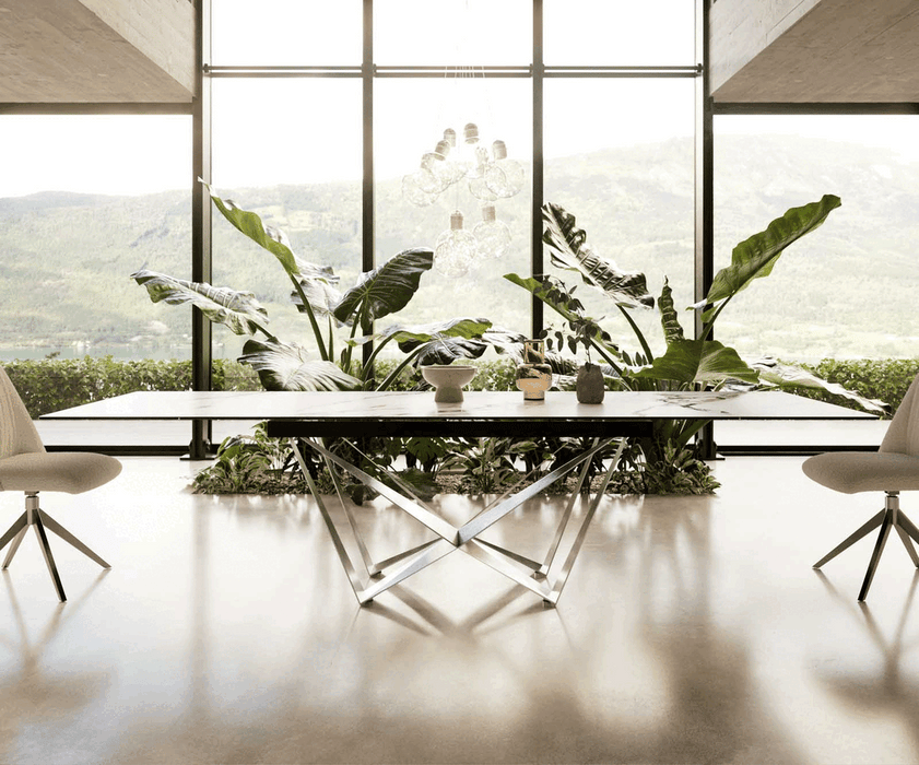 Extendable Dining Table Aurora 200-300x100cm Ceramic Calacatta Luxe Gold Spider Frame Silver