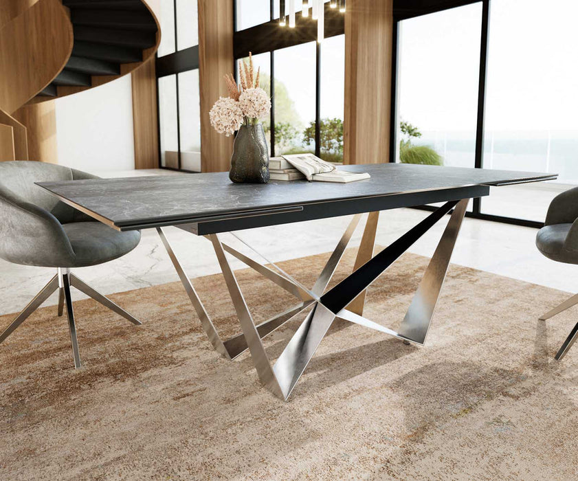 Extendable Dining Table Aurora 200-300x100cm Ceramic Nero Greco Anthracite Spider Frame Silver