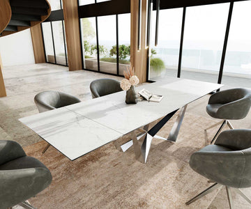 Extendable Dining Table Aurora 200-300x100cm Ceramic Statuarietto White Spider Frame Silver