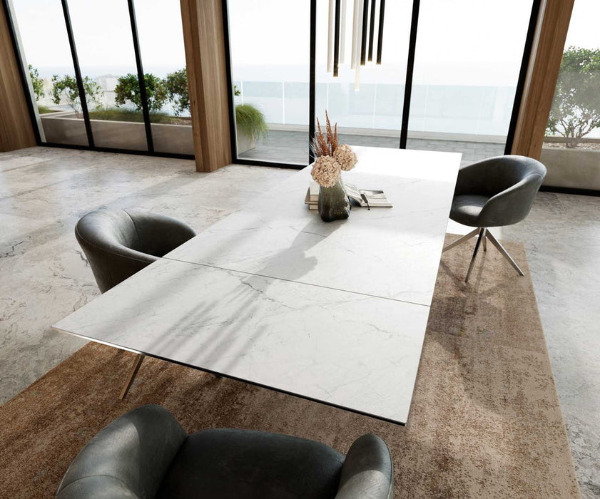 Extendable Dining Table Aurora 200-300x100cm Ceramic Statuarietto White Spider Frame Silver