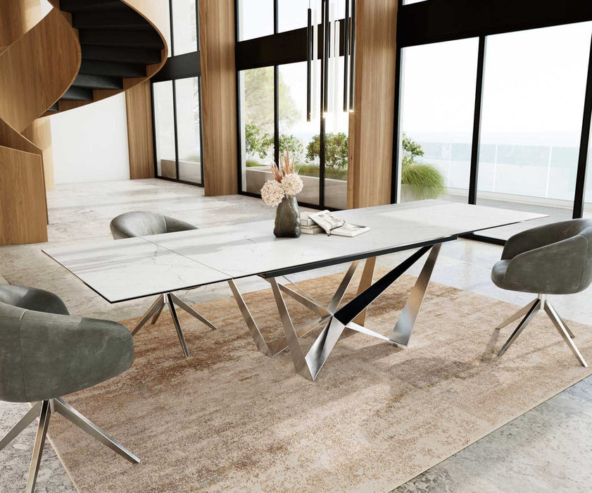 Extendable Dining Table Aurora 200-300x100cm Ceramic Statuarietto White Spider Frame Silver
