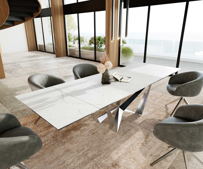 Extendable Dining Table Aurora 200-300x100cm Ceramic Statuarietto White Spider Frame Silver