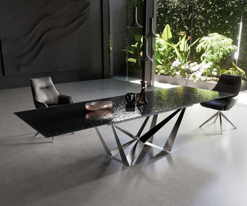 Extendable Dining Table Aurora 200-300x100cm Glass Black Spider Frame Silver